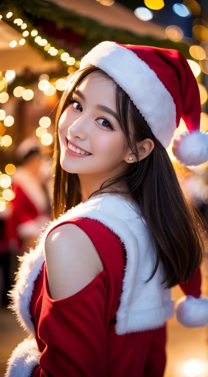 (((Santa Claus costume))),(((looking at the audience:1.5))),(((Shoot the girl from the side))),ulzzang -6500-v1.1, (RAW photo:1.2), (Lifelike photography:1.4), Beautiful Detailed Girl, very detailed eyes and face, beautiful detail eyes, ultra-detail, high-res, 最高品質, master-piece, high-detail, 8k Wallpaper, wonderful, finely detail, 最高品質, facial lighting,Cinematic Lighting,1girl in,(Christmas market in Stuttgart),beautidul eyes,smile,opened mouth