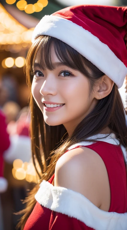 (((Santa Claus costume))),(((looking at the audience:1.5))),(((Shoot the girl from the side))),ulzzang -6500-v1.1, (RAW photo:1.2), (Lifelike photography:1.4), Beautiful Detailed Girl, very detailed eyes and face, beautiful detail eyes, ultra-detail, high-res, 最高品質, master-piece, high-detail, 8k Wallpaper, wonderful, finely detail, 最高品質, facial lighting,Cinematic Lighting,1girl in,(Christmas market in Stuttgart),beautidul eyes,smile,opened mouth