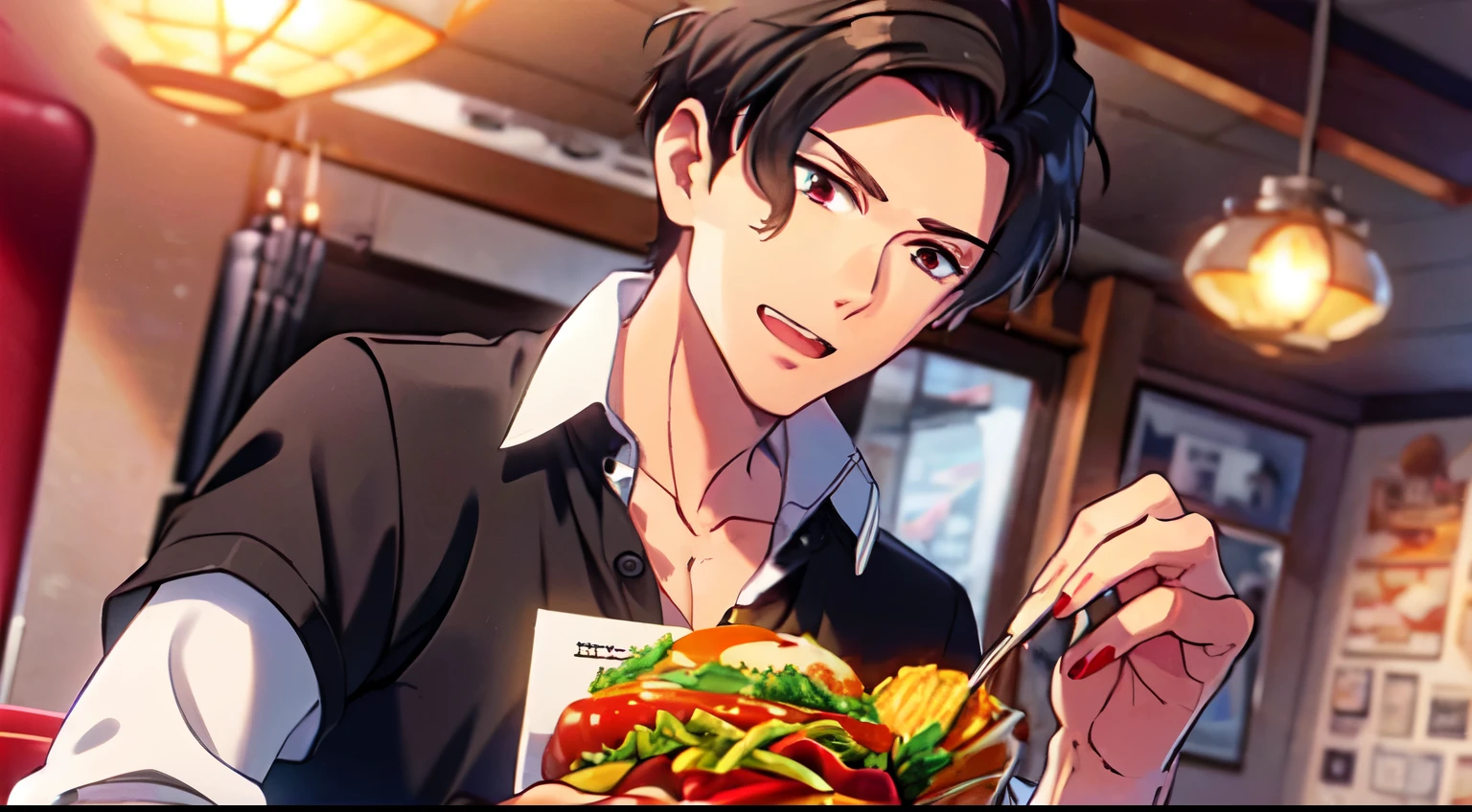 masterpiece, 1Man, solo, luci, red eyes, black hair, white blouse, restaurant, eat burger