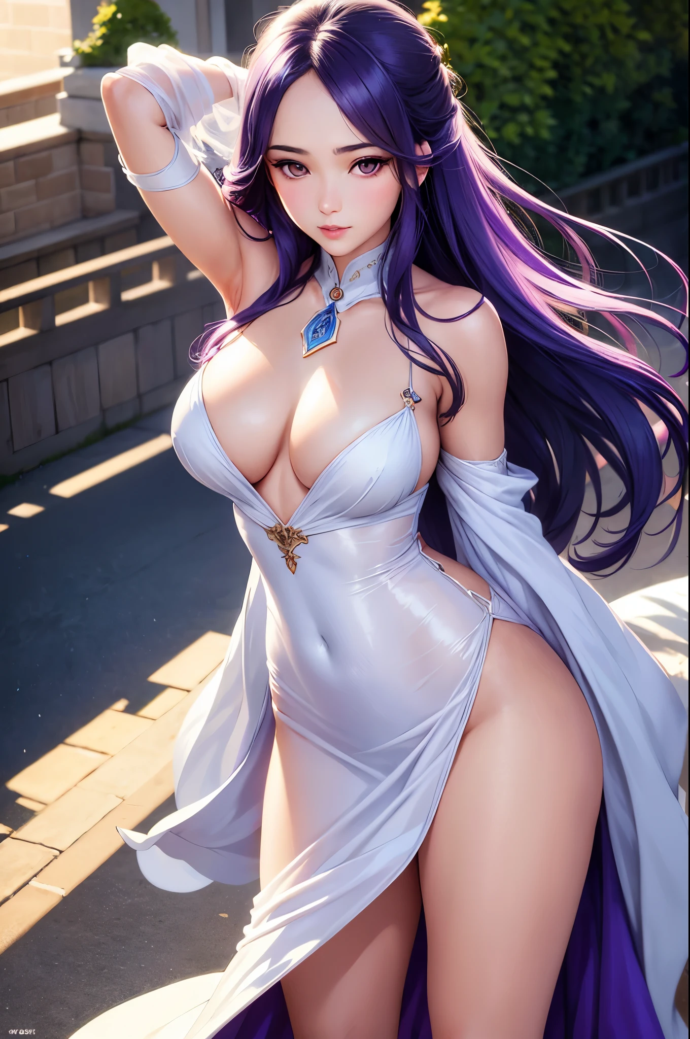 tmasterpiece, Best quality at best, Beautiful and fine hair and fine face, perfect female face, (closeup portrait:1.2), A beautiful and cute girl,Has shimmering purple hair, Very long hair, Hair flutters in the wind, Glossy glossy skin, Shiny forehead, (Flash particles), lens flare glow, Focus sharp, Volumetriclighting, Hot topics on artstation, pixiv, by sakimichan, George what do you do, Akira Yasuda, An Alphonse Mucha's, Greg Rutkoski, gill elvgren, Wilhelm Adolphe Bouguereau