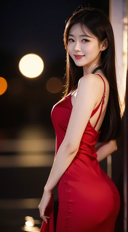 Full HD, super detail, High Quality, demon teacher, bokeh, Women, 30 years, butt, red midi dress, make-up, Nijchan, Moon Ligth, A seductive smile, lens flare