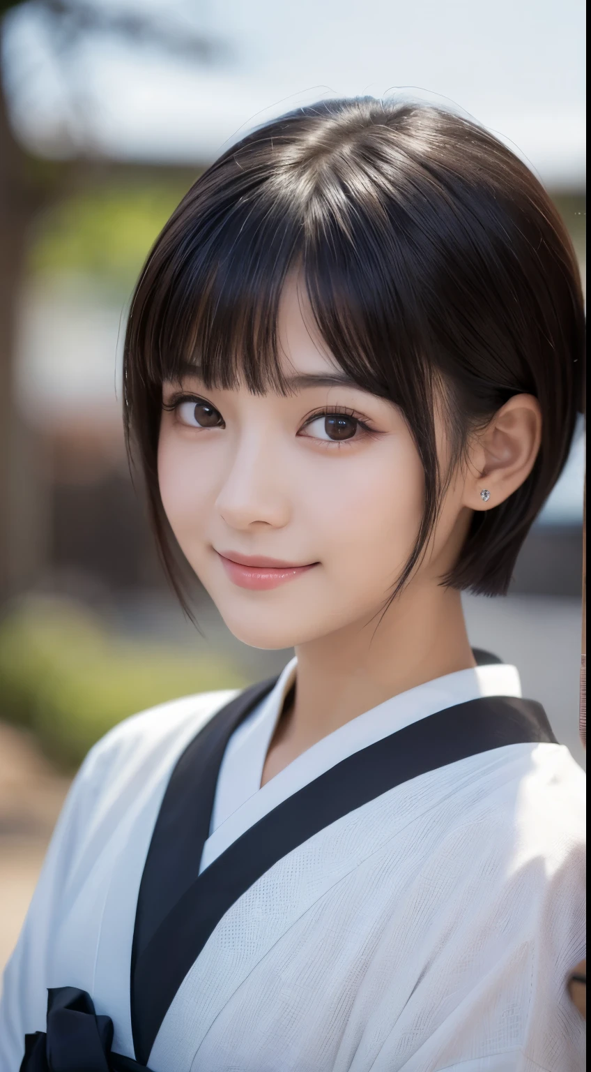 ((Best-quality, Masterpiece, Ultra-High-Resolution, (Photorealistic:1.4), Raw-Photo, Extremely-Detailed, Perfect-Anatomy)), 1girl, the most famous Japanese idol, innocent-smile, wearing only extremely gorgeous KIMONO, extremely cute face like a most popular Japanese idol, extremely beautiful big-black-solid-circle-eyes, extremely beautiful black short-cut-haired, extremely beautiful realistic-skins