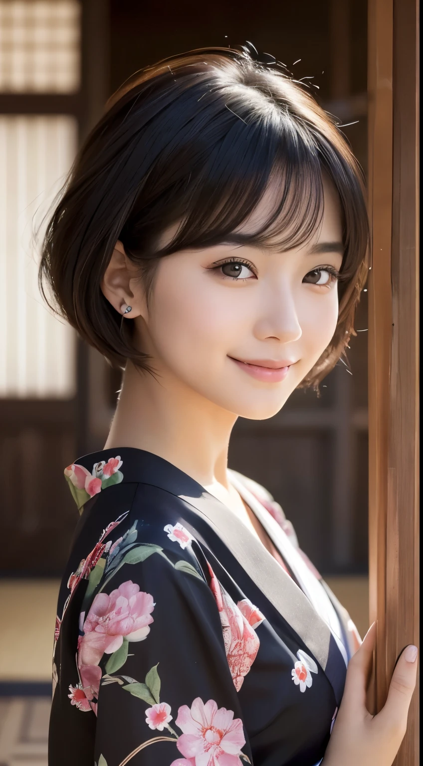 ((Best-quality, Masterpiece, Ultra-High-Resolution, (Photorealistic:1.4), Raw-Photo, Extremely-Detailed, Perfect-Anatomy)), 1girl, the most famous Japanese idol, innocent-smile, wearing only extremely gorgeous KIMONO, extremely cute face like a most popular Japanese idol, extremely beautiful big-black-solid-circle-eyes, extremely beautiful black short-cut-haired, extremely beautiful realistic-skins