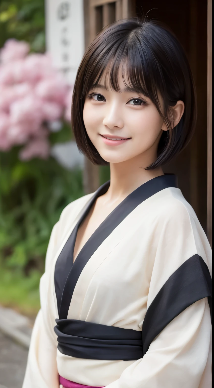 ((Best-quality, Masterpiece, Ultra-High-Resolution, (Photorealistic:1.4), Raw-Photo, Extremely-Detailed, Perfect-Anatomy)), 1girl, the most famous Japanese idol, innocent-smile, wearing only extremely gorgeous KIMONO, extremely cute face like a most popular Japanese idol, extremely beautiful big-black-solid-circle-eyes, extremely beautiful black short-cut-haired, extremely beautiful realistic-skins