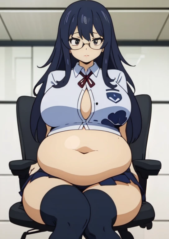 (masterpiece, best quality), 1girls, big belly, blurry background, huge belly, art by kipteitei, round belly, chubby, curvy, white button-up shirt, skirt, thighhighs, simple_background, gradient_background, belly bursting out of shirt, belly grab, enormous belly, fat belly, thicc, bigger belly, sitting on chair, really big belly, jiggly belly, shirt covering belly, belly cover by shirt, glasses