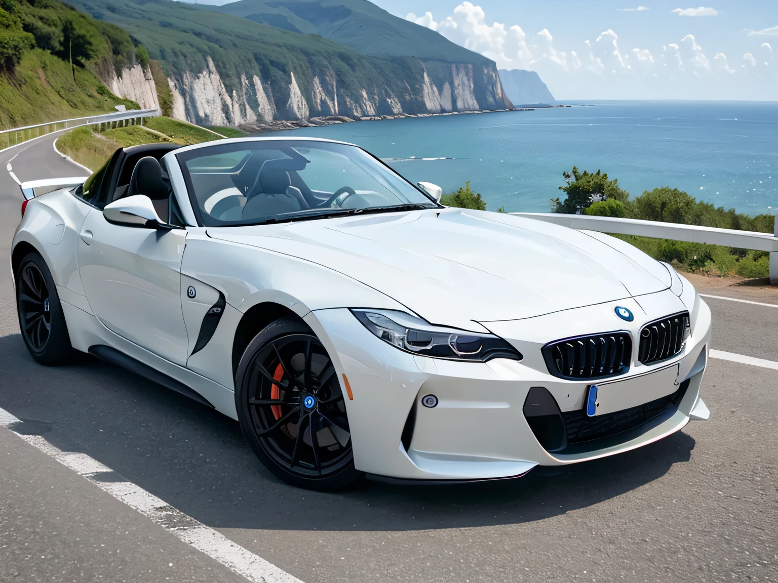 超A high resolution、An ultra-high picture quality、8K、Wonderful expression with attention to detail、early summer coastline、A white sports car stopped on a mountain road、BMW Z1 Sports Coupe