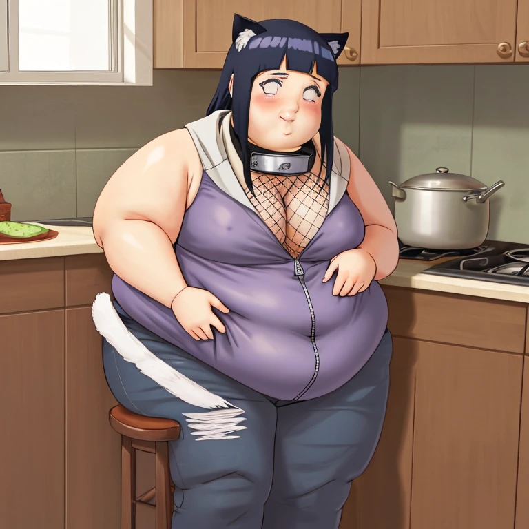 Masterpiece, 4k, highres, high Quality, detailed face, detailed body render, realistic eyes, obese 1girl, solo, obese hyuuga hinata, hinata-sleeveless-outfit, large breasts, neko ears in head, big breast, sleeveless shirt, fishnet top, unzipped jacket, no bra, obese belly, thick thighs, fat arms, fat butt, big cheeks, cute and fat face, breasts out, nipple, standing, blushes, (on kitchen)