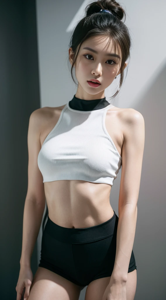 A beautiful woman standing, wearing a sexy cropped top, wearing crop top, wearing a crop top, exposed midriff, , 2 4 year old female model, croptop, wearing a cropped top, sexy look, cindy avelino, skinny waist and thick hips, xision wu, crop top, topless