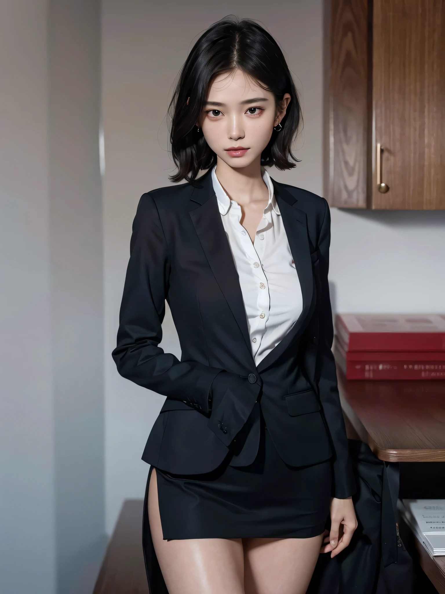 absurderes, Raw photo, Extremely delicate and beautiful, masutepiece, Best Quality, Ultra High Resolution, 16 K, hyper realisitic, Ultra-detailed, Perfect Anatomy, Ultra-detailed細なスキン, Perfect figure, Very detailed CG 8k wallpaper, in her 20s, Very slim body, Narrow waist, Very small head, Very small face, Delicate facial features, tear moles, Earring, thin legs, very massive round chest, Girls, Full body shot, Short hair, Wavy Hair, ((Business Suit)), (dress shirts),