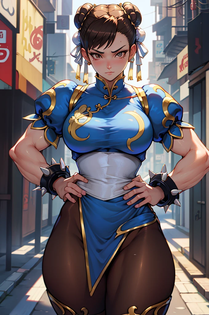 chun li, street fighter, belas coxas grossas, coxas sexys, , olhando para frente, belos olhos escuros, olhos detalhados, belo rosto, brown tights, botas brancas, sentada numa cadeiracom as pernas cruzadas, numa cidade chinesa de tarde