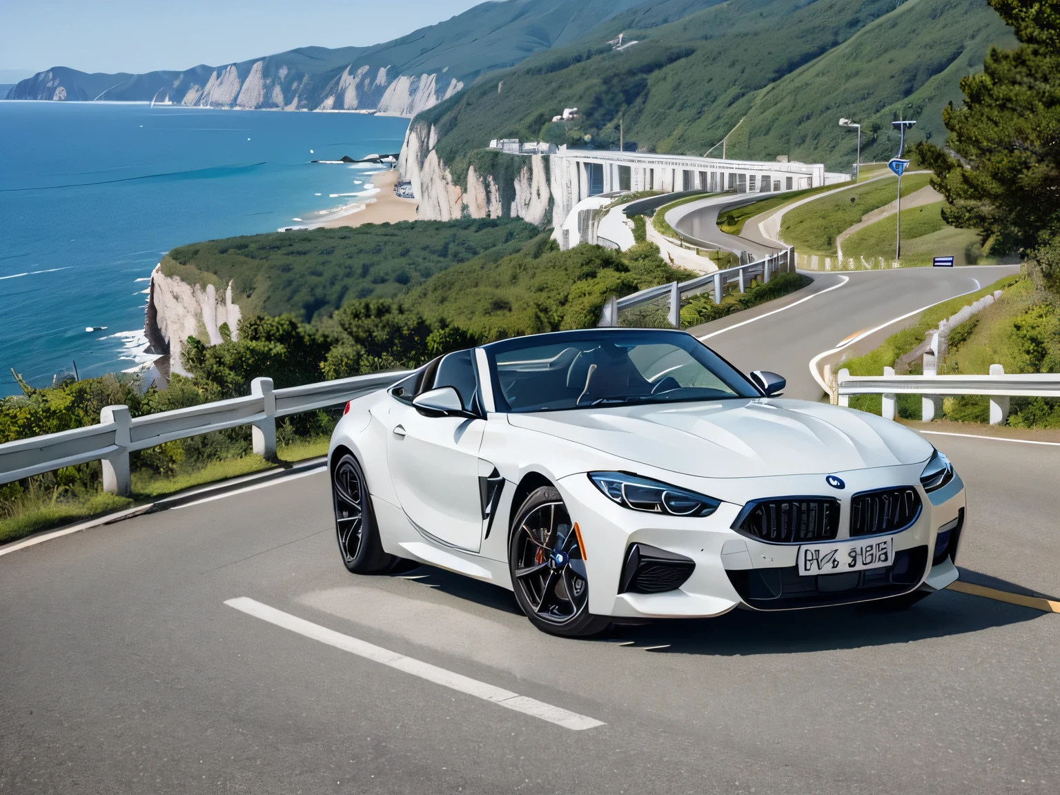 超A high resolution、An ultra-high picture quality、8K、Wonderful expression with attention to detail、early summer coastline、A white sports car stopped on a mountain road、BMW Z1 Sports Coupe