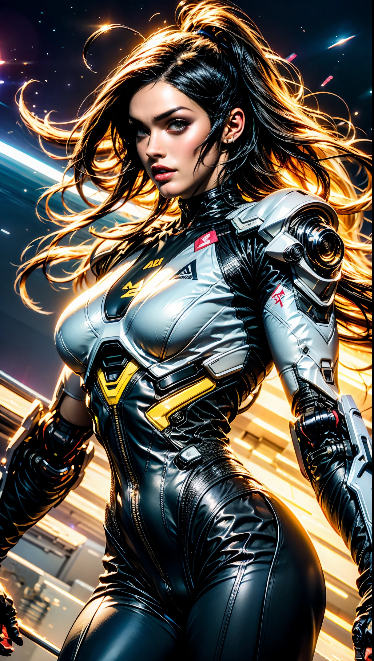 (1 girl), (megan fox:1.25), (skin tight cybernetic android mecha armor:1.25), (muscular female android:1.25), nijistyle, rfktr_technotrex, exploring planets, alien worlds, exotic locations, deep-space, unknown terrors, galactic nebulas, star studded cosmos, fcPortrait, HDR (High Dynamic Range), Ray Tracing, NVIDIA RTX, Super-Resolution, Unreal 5, subsurface scattering, PBR texturing, Post-processing, anisotropic filtering, Depth of field, Maximum clarity and sharpness, multilayer textures, specular and albedo maps, surface shading, Accurate simulation of light-material interaction, perfect proportions, Octane rendering, dual-tone lighting, ISO baixo, white-balance, rule of thirds, 8K RAW, sub-pixel convolution, luminescent particles,