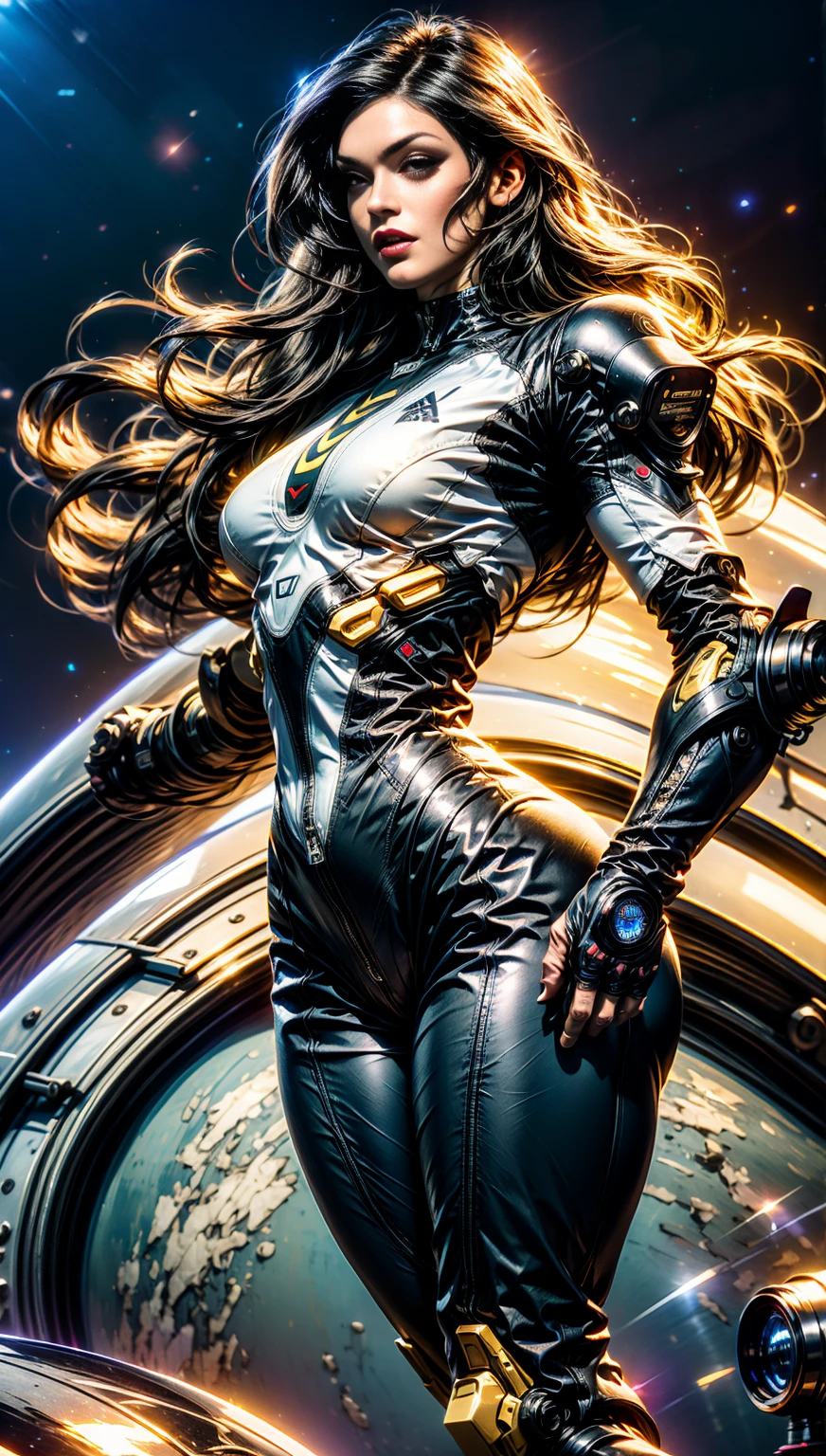 (1 girl), (megan fox:1.25), (skin tight cybernetic android mecha armor:1.25), (muscular female android:1.25), nijistyle, rfktr_technotrex, exploring planets, alien worlds, exotic locations, deep-space, unknown terrors, galactic nebulas, star studded cosmos, fcPortrait, HDR (High Dynamic Range), Ray Tracing, NVIDIA RTX, Super-Resolution, Unreal 5, subsurface scattering, PBR texturing, Post-processing, anisotropic filtering, Depth of field, Maximum clarity and sharpness, multilayer textures, specular and albedo maps, surface shading, Accurate simulation of light-material interaction, perfect proportions, Octane rendering, dual-tone lighting, ISO baixo, white-balance, rule of thirds, 8K RAW, sub-pixel convolution, luminescent particles,