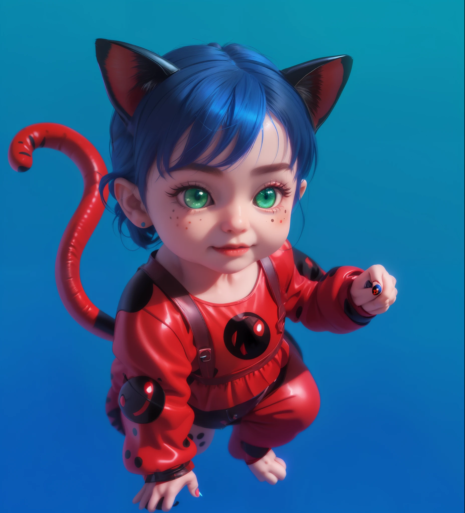 there is a small child dressed in a red cat costume with blue glossy hair, green vivid cat eyes, ladybug costume with black dots, beautiful young catgirl, render of a cute 3d girl, 3d render of catwoman, cat girl, miraculous ladybug, adorable digital painting, realistic, rim light, 4k, high resolution