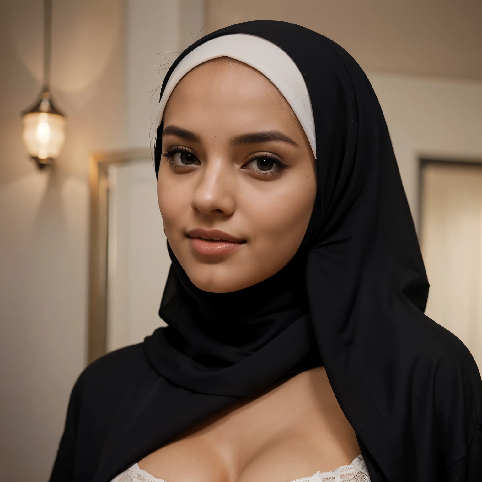 9  woman, wearing a hijab, (((big breasts))), naked in boarding school class, body cruve, showing her vagina,