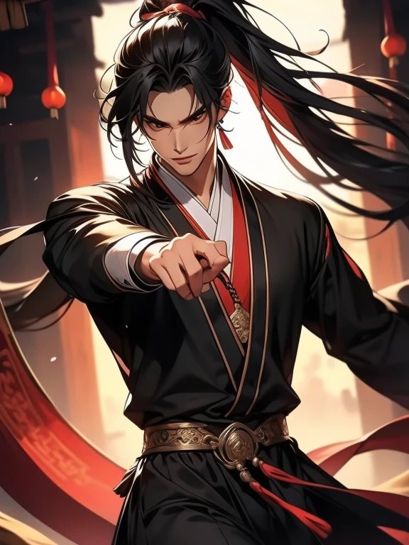 Best quality at best,tmasterpiece,16k,A man with long black hair walked into the hall,Men in Black,Bad laughs,high ponytails,Chinese furniture,ssmile,(Black Hanfu),asian architecture interior,Ancient Chinese court style,Fighting posture,Normal hands,High quality gauze curtain,A high resolution,The image is clear,Dutch Angle Shot,电影灯光,