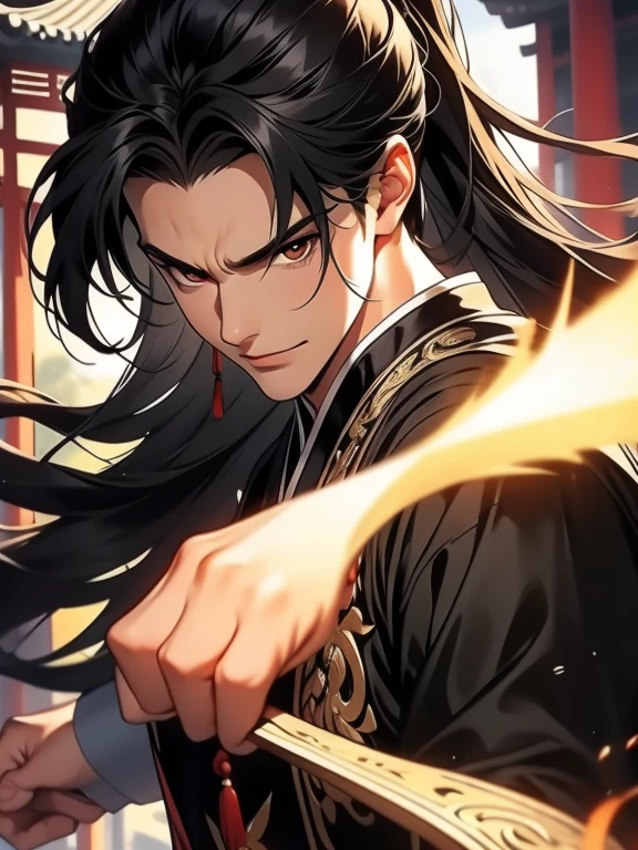Best quality at best,tmasterpiece,16k,A man with long black hair walked into the hall,Men in Black,Bad laughs,high ponytails,Chinese furniture,ssmile,(Black Hanfu),asian architecture interior,Ancient Chinese court style,Fighting posture,Normal hands,High quality gauze curtain,A high resolution,The image is clear,Dutch Angle Shot,电影灯光,