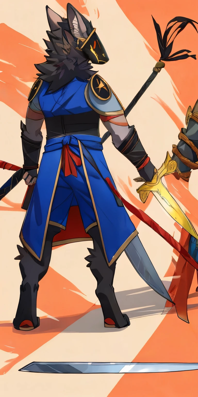 Japanese feel, Protogen, coyote, samurai, Sexy, blue cloak, samurai armor, Divided armor and sashimono, Kitsune-inspired armor, Sengoku period art style, Rear view, Long sword