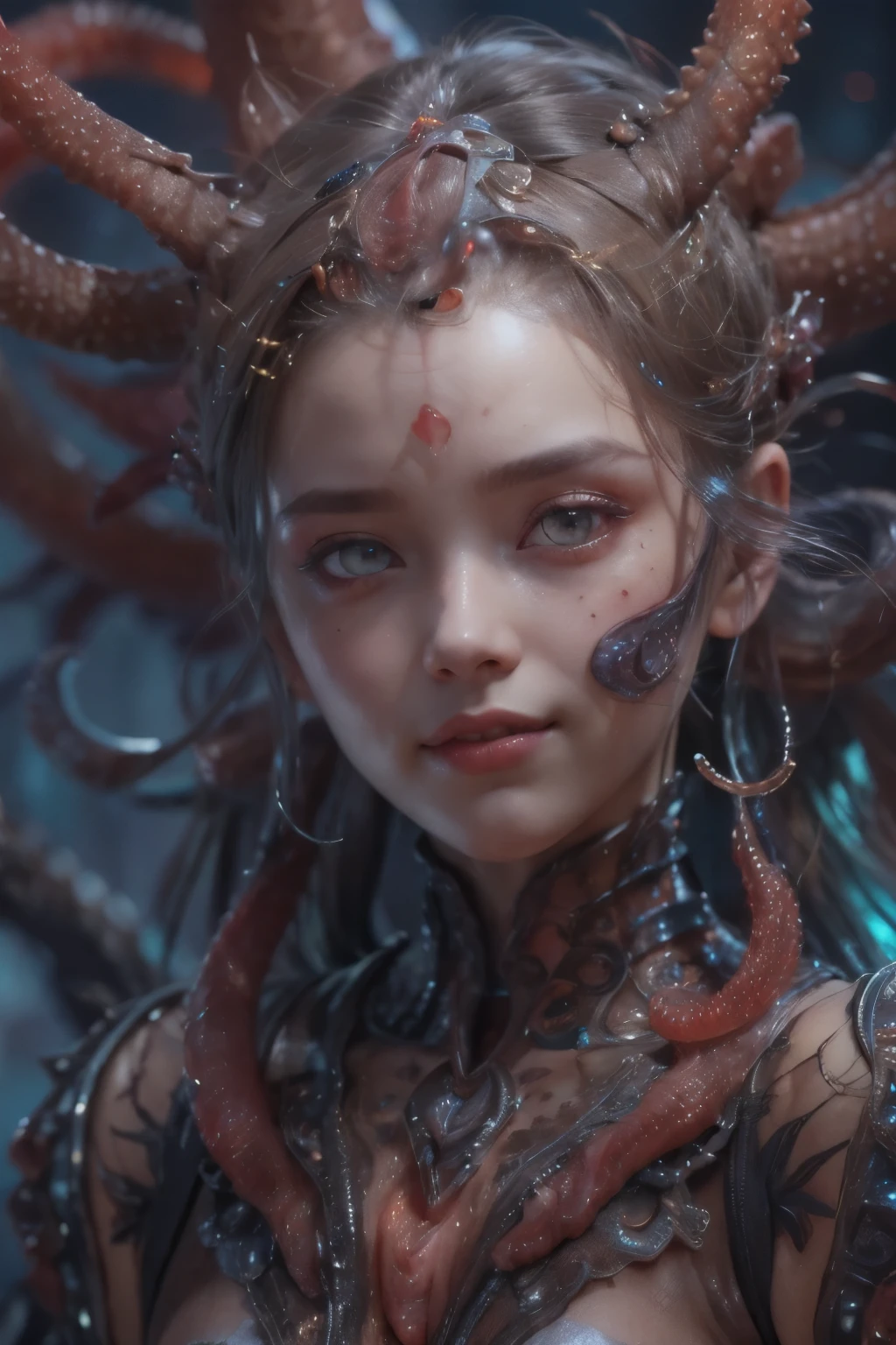scary and sexy detailed art in color, Portrait, (beautiful and obscene female alien:1.4), (vulgarity1.5), (she has red eyes with no pupils:1.8), (Translucent skin:1.7),  (There is a female genital-like organ in the middle of the forehead:1.9), (The most beautiful face in the history of the universe:1.2),an evil gaze that seduces, (large mouth:1.1), (sharp teeth like a vampire:1.2), Full body portrait, (bio luminescent:1.5), (Smile wickedly:1.3),  (sexypose:1.5), alien, No humans, cells are fused, (Lots of translucent tentacles:1.3) extraterrestrial, cell, bio image, best quality, 8K,In 4K_quality, High freshness, Dramatic Lighting, masutepiece:1.5,cinematic quality, detail up, (exquisite details:1.2), high resolution, High freshness, drawing faithfully, (Thick eyebrows:1.2), Beautiful eyes with fine symmetry,(Highly detailed face and eyes:1.2), Intimate face, (Super detailed skin quality feeling:1.4), perfect anatomy,  (Beautiful toned body:1.5),  (Moist skin:1.2), not wearing makeup, (dark circles:1.1), long canines, cinematic drawing of characters, ultra high quality model, cinematic quality, detail up, (exquisite details:1.2), high resolution, High freshness, drawing faithfully, official art, Unity 8K Wall  , 8K Portrait, best quality, Very high resolution, ultra detailed artistic photography, midnight aura,  unreal engine 5, Ultra Sharp Focus, art by Amano Yoshitaka, ArtGerm, Roisch, intricate artwork, best quality, masterpiece, ultra high resolution, (photos realistic:1.4), ultra realistic realism, dream-like, nautilus, Creation of fantasy, Snail, Dream Snail, (biopunk nautilus:1.3),Thrilling color schemes, ultra realistic realism, seductively smiling, Blue tentacles,