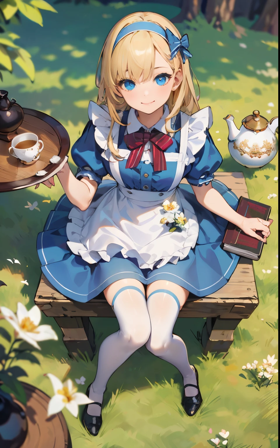 detailed, ultra-detailed, masterpiece, 8k wallpaper,(realistic:1.2),
1girl, thighhighs, blonde hair, solo, cup, sitting, flower, long hair, teacup, dress, blue eyes, white legwear, teapot, apron, hairband, tea, blue dress, shoes, short sleeves, saucer, puffy sleeves, white flower, from above, book, black footwear, puffy short sleeves, plate, bow, looking at viewer, smile,grass, flower, from above,