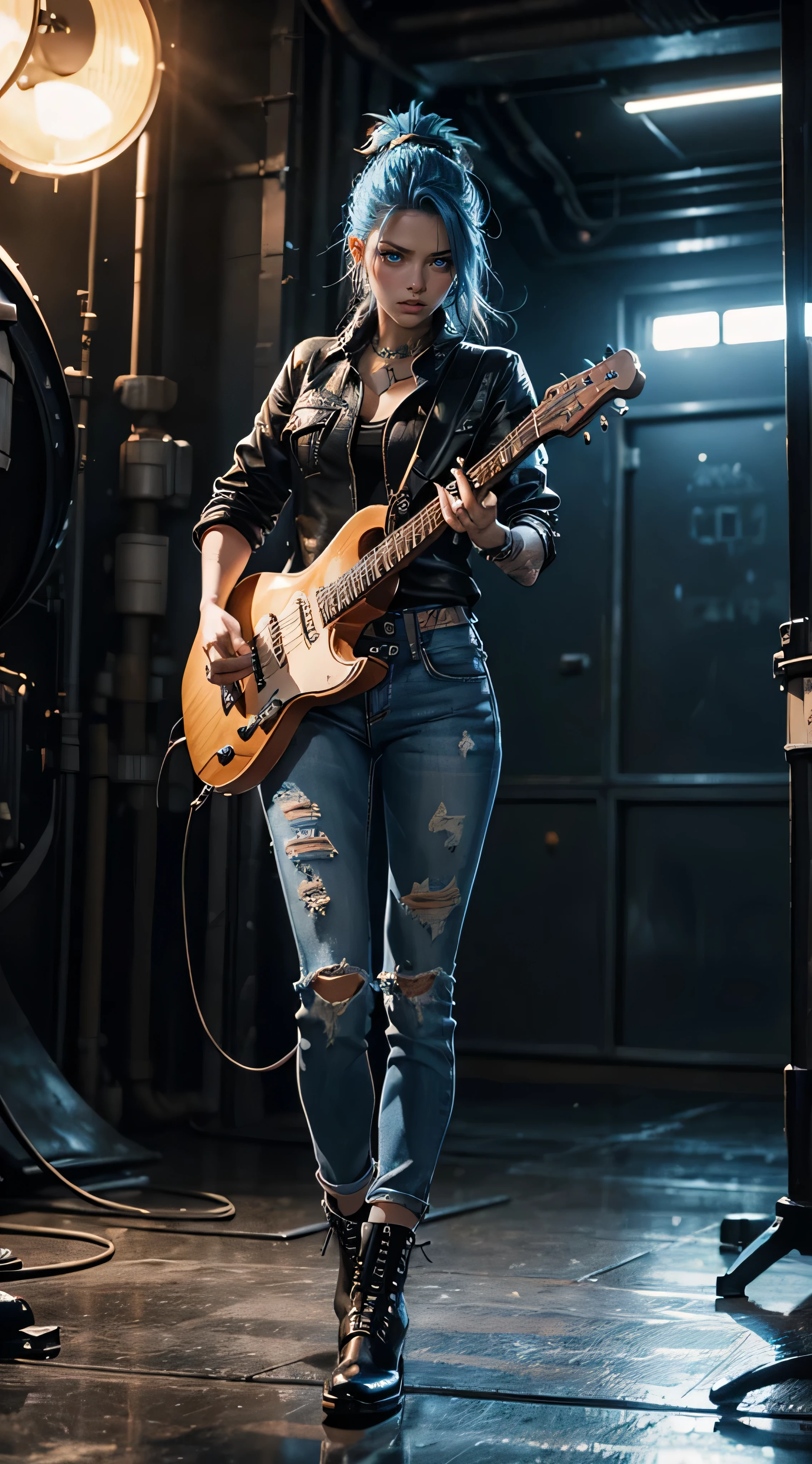 Young sexy GINGER women WITH BLUE EYES in blue jeans outfit with long spiky colorful punk hair singing rock song and playing electric guitar in waste disposal site, night, serious face, nighttime, in school of rock movie style, hyper - realistic photography, dramatic effect, smoke effect in background, dark color grading, full body, 8k, close - up shot, extreme close - up photo, elegant, super detailed, Ultra high photo realistic, 35mm --aspect 1:1 --s 750 --v 5.2, 64k high quality detailed art, 3d render art.