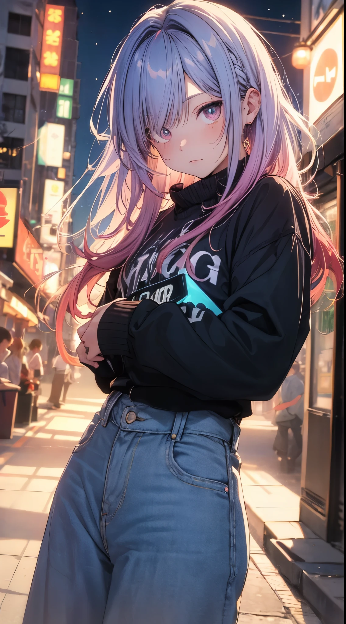 NY, (gradient hair, dutch angle:1.3), film grain, chromatic aberration, city, masterpiece, best quality, raw photo, photorealistic, absurdres, 1girl, cute, perspective, cowboy shot, highres, ultra detailed, detailed eyes and face, sharp pupils, realistic pupils, sharp focus, summer, night,
