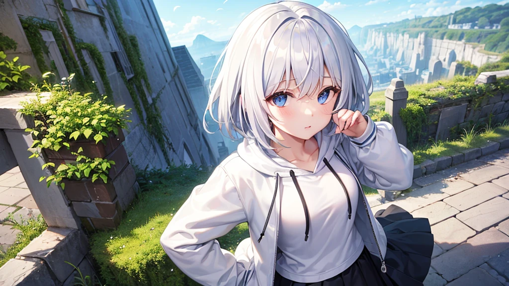 Ultra-high image quality,Look at viewers, hands behind back, girl with, 20 years old, Very short hair, long bangs between eyes, pale blue eyes, Hoodie, Skirt , white hightastic,,Black eyes, White hoodie,a black skirt,Hair is short,Condescending from above,White jacket, Casual style,Open jacket, Fluttering hair、a small face ,profetional lighting,fantastic landscape,Blue sky, Sunlight,look down from above,portraitures、White hair、 Silver hair