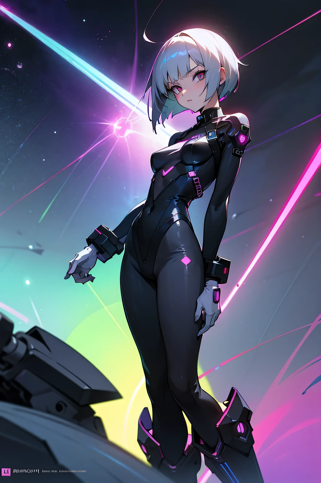 cyber punk style, female pervert ,full body Esbian、 short-haired, Gray hair color,, White-eyed, mobster、 cosmic space、neon laser