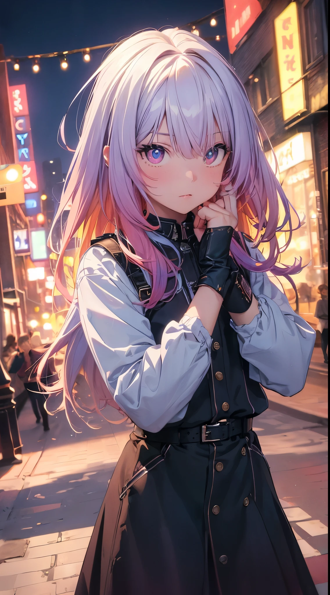 NY, (gradient hair, dutch angle:1.3), film grain, chromatic aberration, city, masterpiece, best quality, raw photo, photorealistic, absurdres, 1girl, cute, perspective, cowboy shot, highres, ultra detailed, detailed eyes and face, sharp pupils, realistic pupils, sharp focus, summer, night,