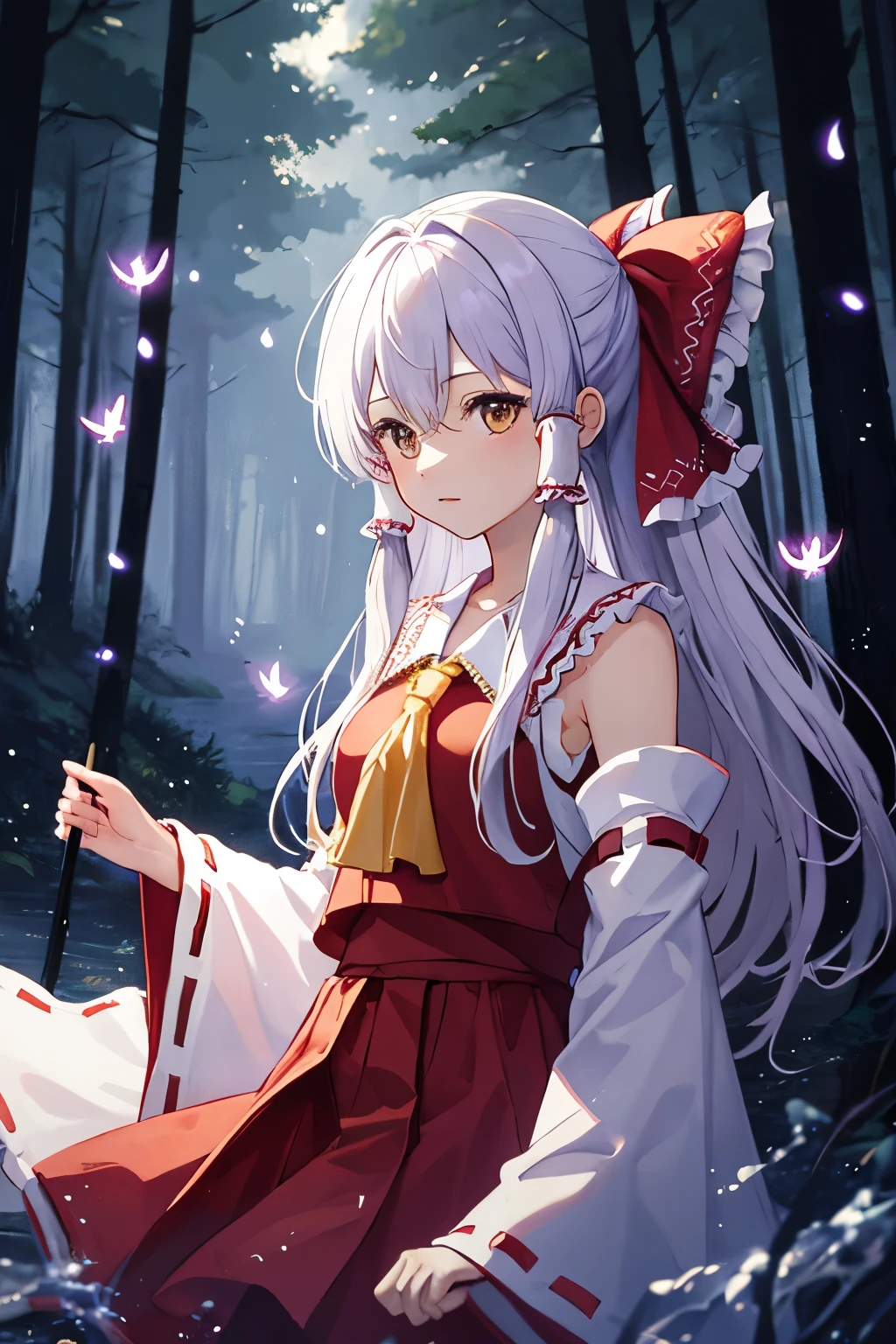 detailed background, masterpiece, best quality, 1girl, hakurei reimu, brown hair, hair tubes, hair ribbon, brown eyes, nontraditional miko, a forest full of purple and white trees, fireflies, water, purple theme, white theme, mystical, magical,
white hair