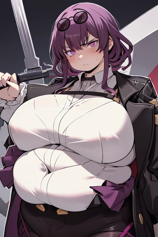 masterpiece, best quality, obese kafka, purple eyes, obese body, sunglasses on head, collared shirt, black shorts, pantyhose, upper body, (huge breasts:1.6), looking at viewer, furrowed brow, angry