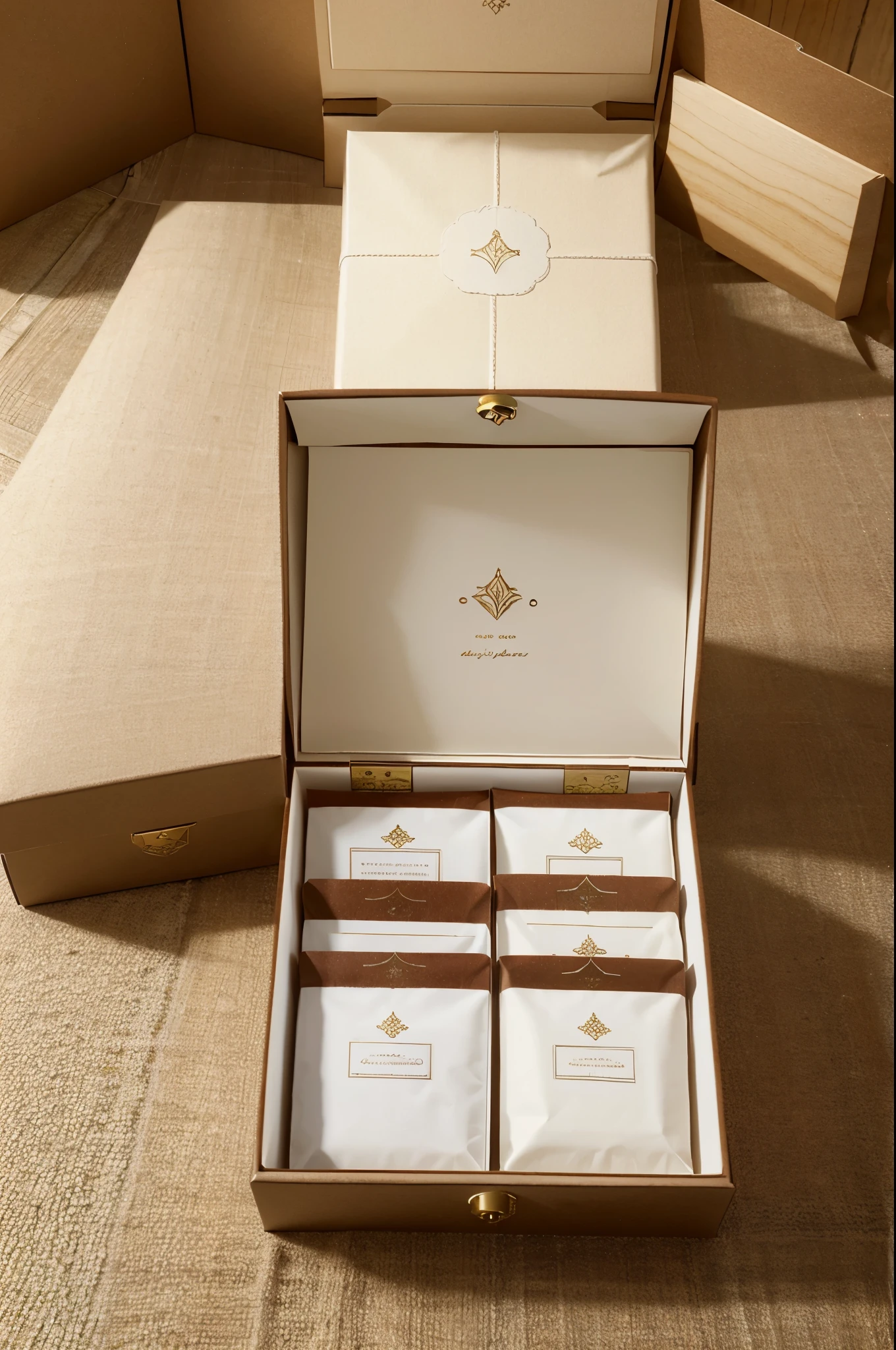 An exquisite plain gift box with a slight glossy effect on the outer surface. After opening the gift box, you can see that there are packages of small tea brewing bags inside. The tea brewing bags are neatly arranged in the gift box, showing a For an orderly and organized aesthetic, use a detailed divider or lining to ensure each tea bag retains its place
