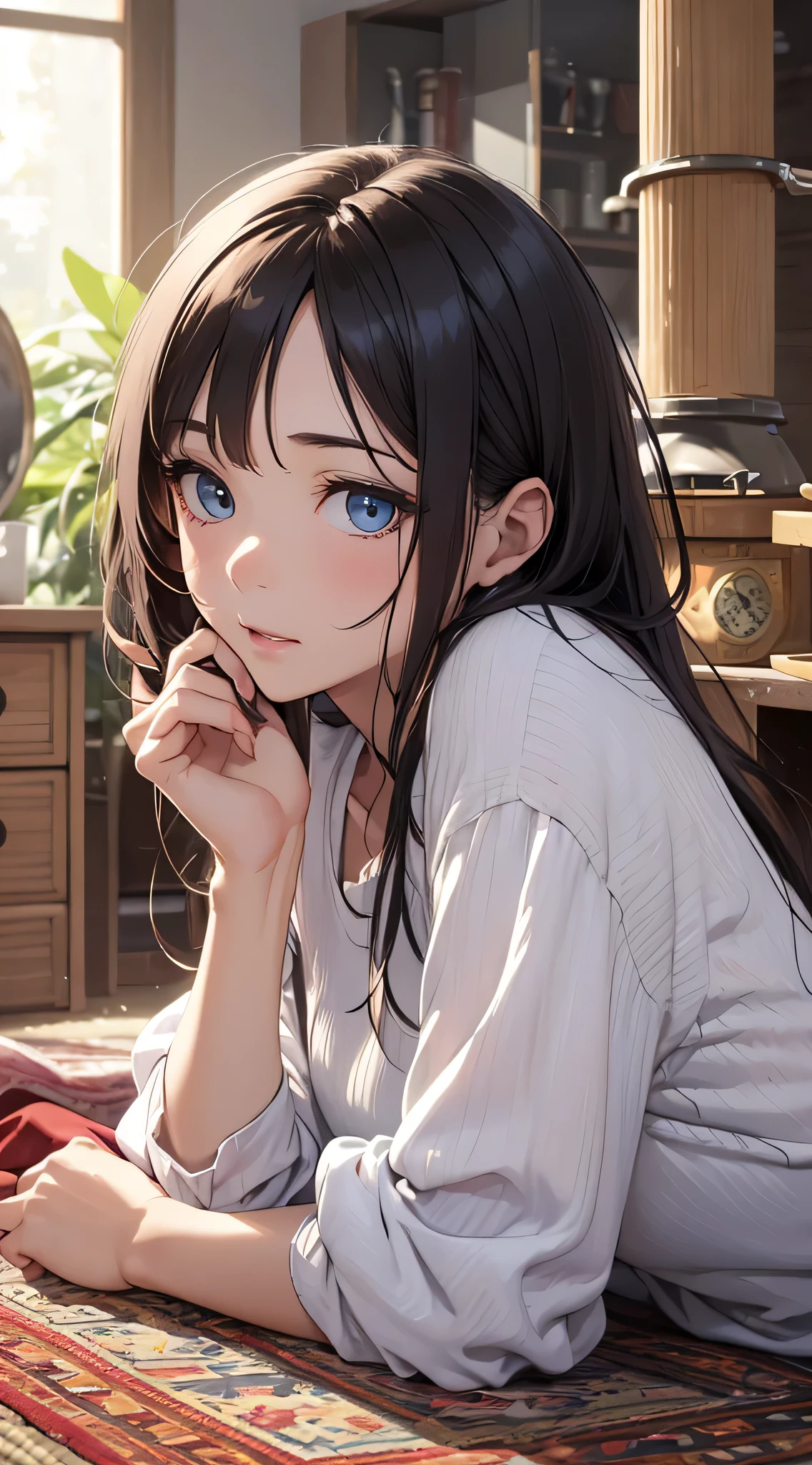 top-quality、Top image quality、​masterpiece、teens girl(18year old、 Ager、Best Bust、big bast,wide open breasteeutiful light blue eyerest, Black hair、A slender,Large valleys、dye one's cheeks red、Kotatsuに座る、Relaxed face)),hiquality、Beautiful Art、Background with(( Beautiful room、Stove、warm carpet、Kotatsu、tee、cold)))、masutepiece、depth of fields,