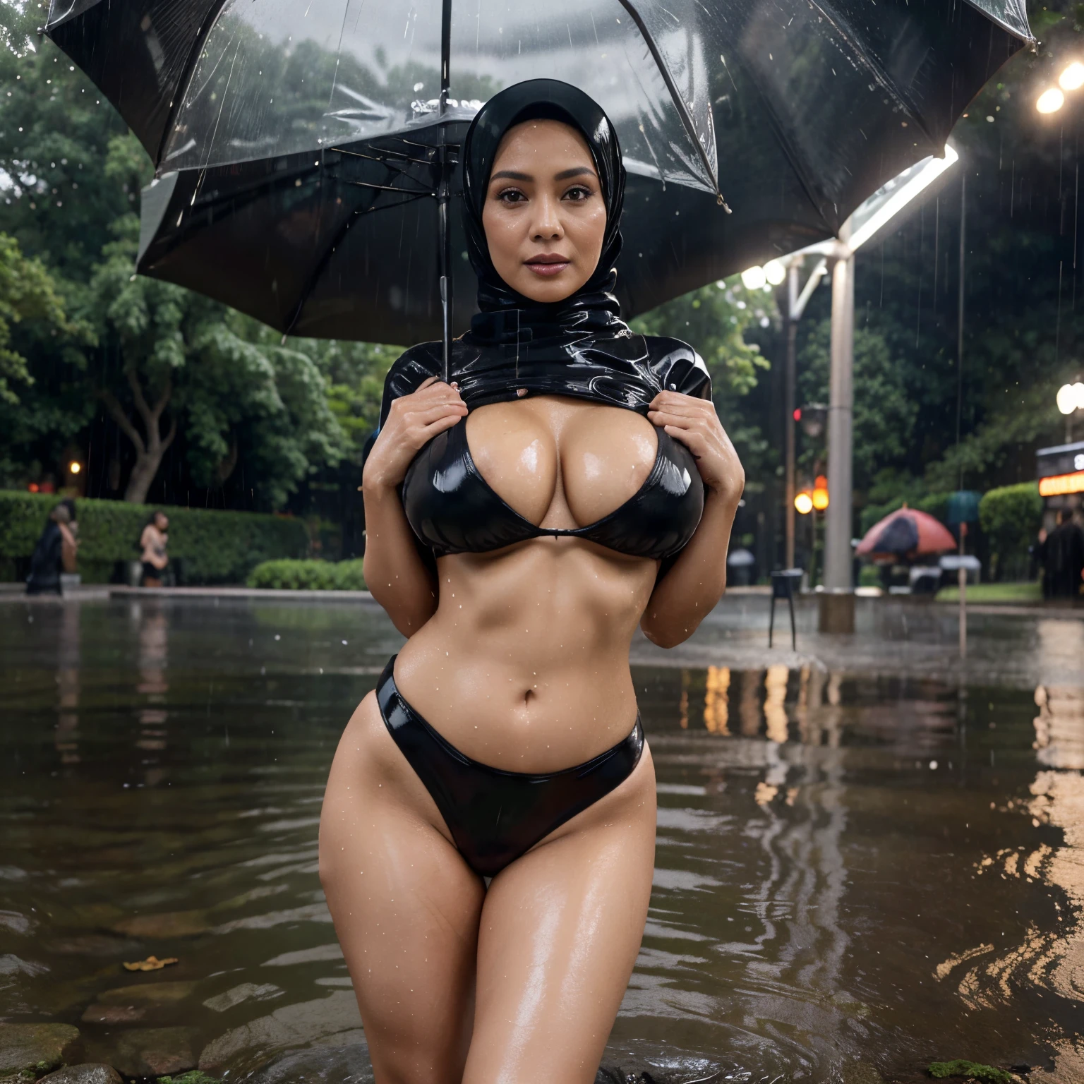 56 years Old, Indonesian Hijab milf, dd mature milf tits : 96.9, wearing tight latex bikini, bikini barely covers nipples, Wearing Tight Bra, Her bra cannot cover her Gigantic breast, Busty body, Wet body, rainy atmosphere, heavy rain, at central park, full body, gravure Idol, Cold Situation