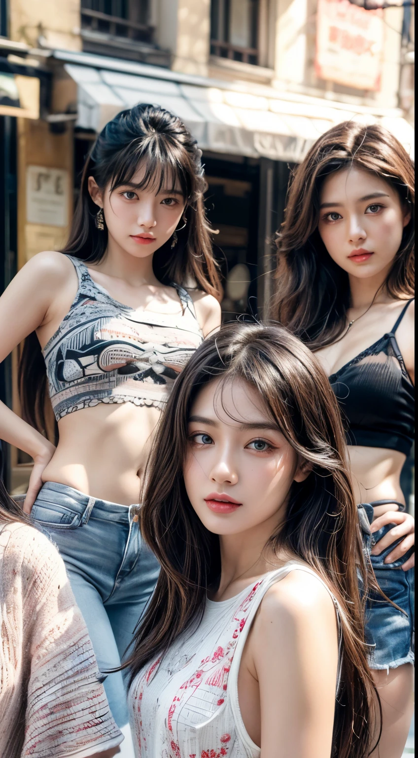 (Ultra-detailed eyes), (((textile shading))), (((Best Quality))), (((masutepiece))), (((Ultra-detailed CG))), a group of fashion models posing together, a variety of ethnicity, studio background, modern & urban clothes