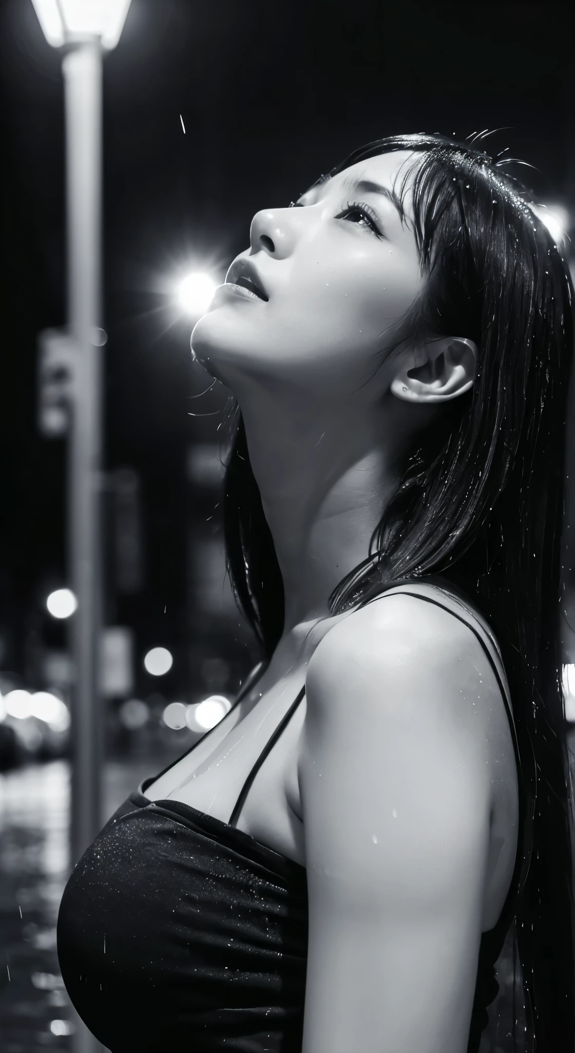 (top-quality,​masterpiece:1.3,8K),(Photorealsitic:1.4,RAW shooting,Caustics),(Monochrome photography:1.2),nightcity,(Very heavy rain:1.2),Contre-Jour,streetlights,(streetlightsの光を反射して白く輝く雨粒:1.2),(Woman looking up at the sky),sodden,Middle hair,sad Facial expression,large boob,long court,Bust-up shot