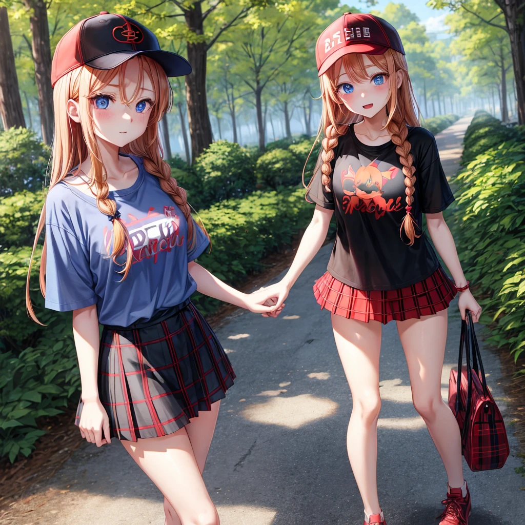 red blonde、blue eyess、Braids、one good looking girl、独奏、animesque、Plaid miniskirt、Black T-shirt、camisole、the woods、Sunlight、Wearing a plaid baseball cap、bare-legged、Tilting your face、Walking