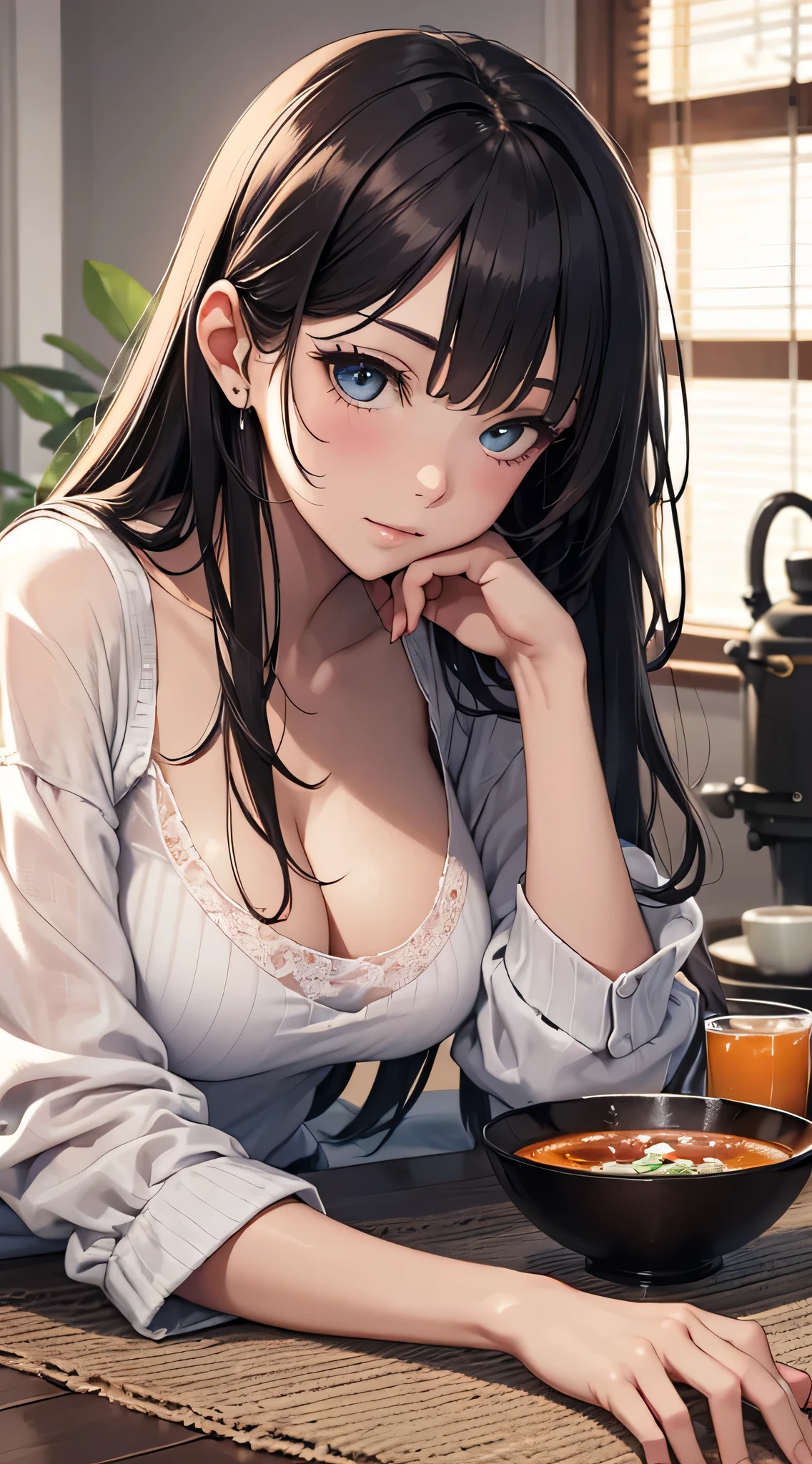 top-quality、Top image quality、masterpiece、s girl(18year old、 Ager、Best Bust、big bast,wide open breasteeutiful light blue eyerest, Black hair、A slender,Large valleys、dye one's cheeks red、Kotatsuに座る、Relaxed face)),hiquality、Beautiful Art、Background with(( Beautiful room、Stove、warm carpet、Kotatsu、tee、cold)))、masutepiece、depth of fields,