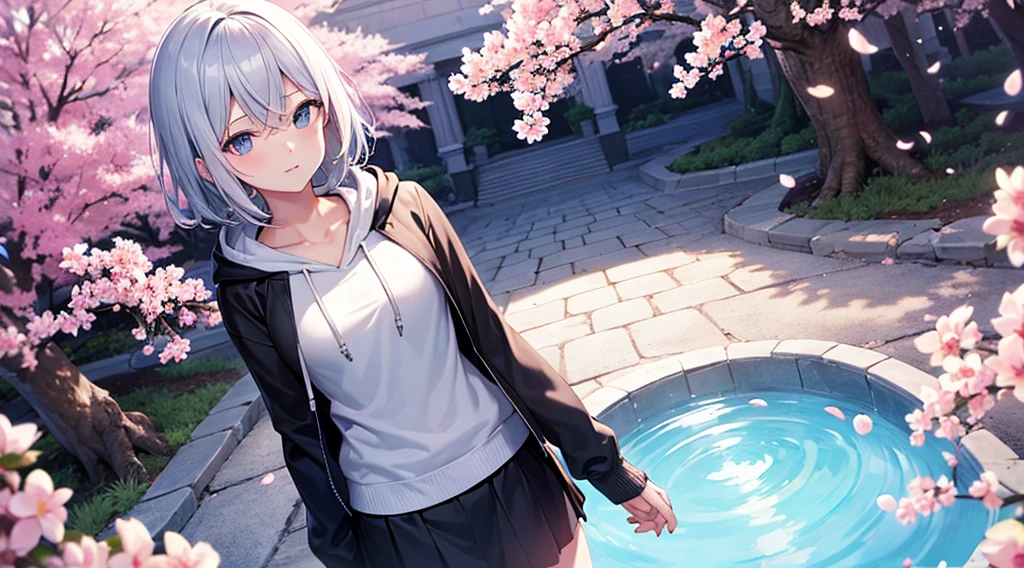 Ultra-high image quality,Look at viewers, hands behind back, girl with, 20 years old, Very short hair, long bangs between eyes, pale blue eyes, Hoodie, Skirt , Extremely detailed,(masterpiece、top-quality),white hightastic, Silver hair, Black eyes, Hoodie, White hoodie,a black skirt,Hair is short,White jacket, Casual style,Open jacket, Cowboy Shot、Fluttering hair ,profetional lighting,fantastic landscape,Blue sky, Sunlight,look down from above、facing front、fountain in the forest、flower field、cherry blossoms falling、5 fingers