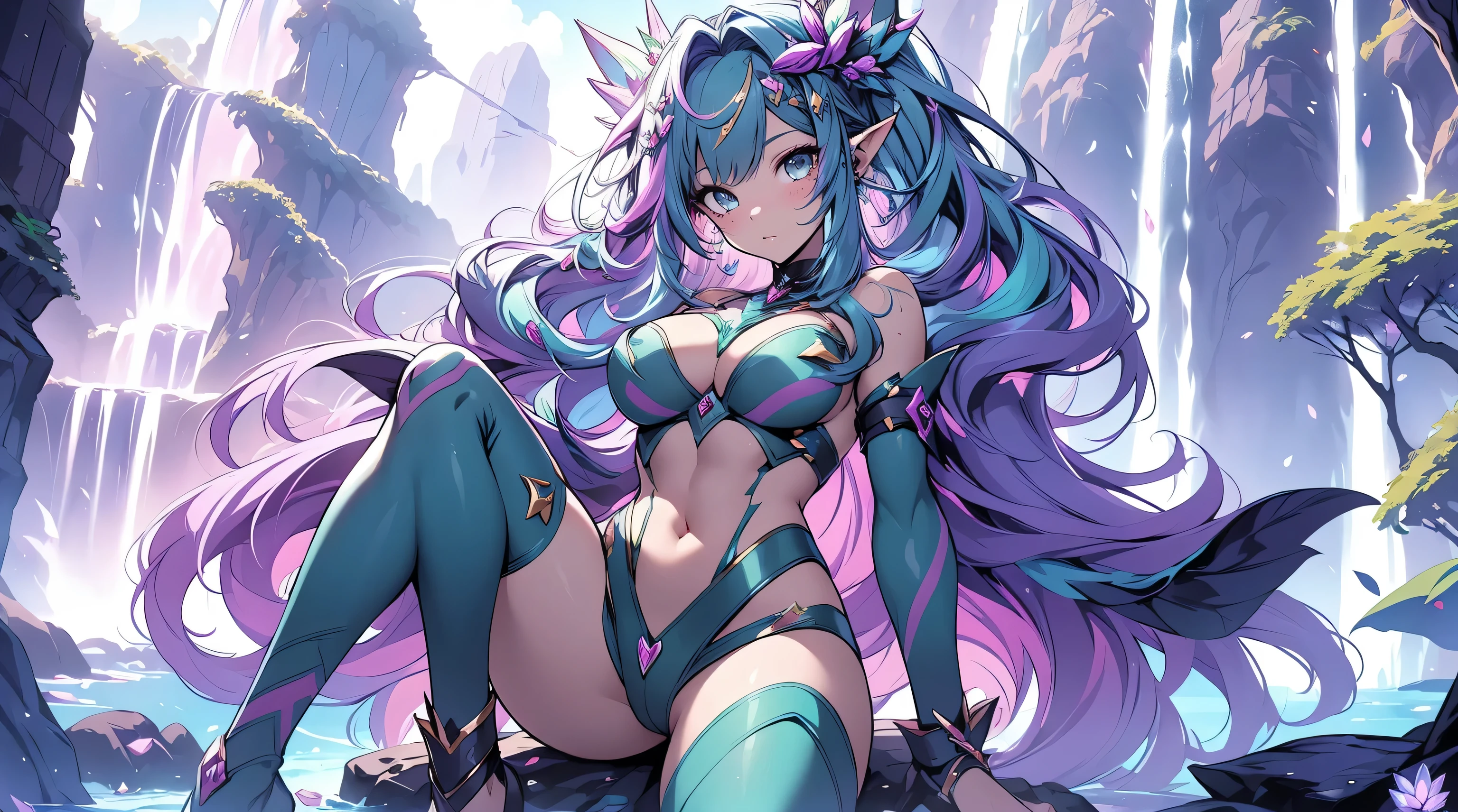 2 girls, elf, cute face, long multicolored hair, extreme abs, very skimpy outfits, nude, naked, fashion, spreading legs, alien planet, flora and fauna, expedition, waterfall, research, starlight, magical,