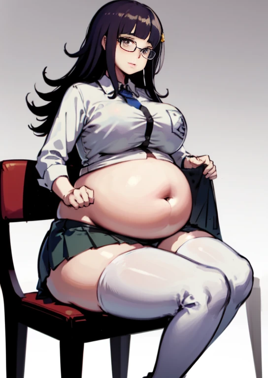 (masterpiece, best quality), 1girls, big belly, blurry background, huge belly, art by kipteitei, round belly, chubby, curvy, white button-up shirt, skirt, thighhighs, simple_background, gradient_background, belly bursting out of shirt, belly grab, enormous belly, fat belly, thicc, bigger belly, sitting on chair, really big belly, jiggly belly, shirt covering belly, belly cover by shirt, glasses