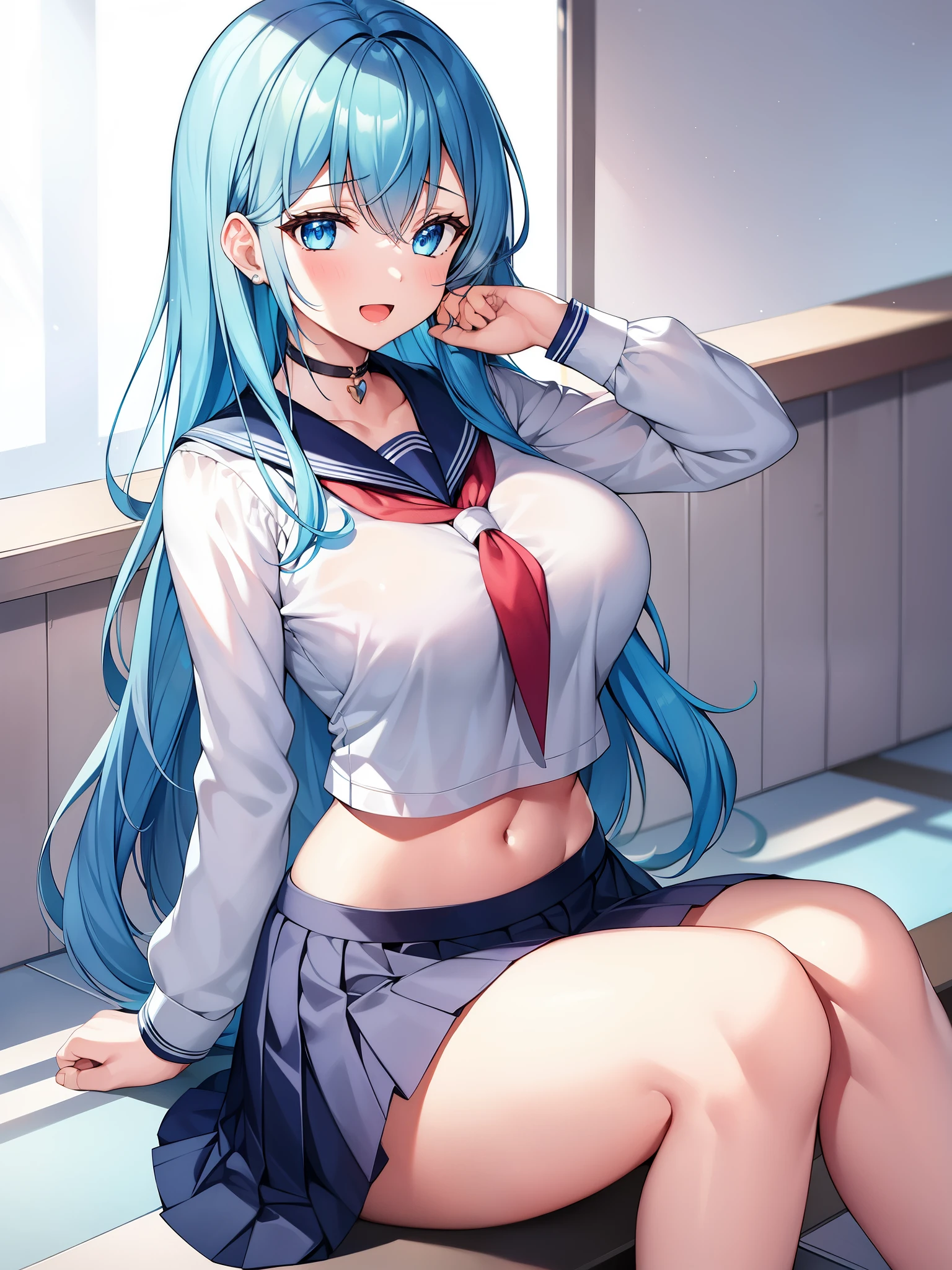1girll, sitting down on the floor, Hold your smartphone to your ear, blowing hair, Long hair, blue color eyes,Shining eyes,Detailed eyes,Skirt, Solo, upper limbs, Sailor School Uniform, Navel, Pleated skirt, Midriff, Blue eyes, White shirt, Collar, Smile, medium breasts, view the viewer, Open mouth,,Large breasts,