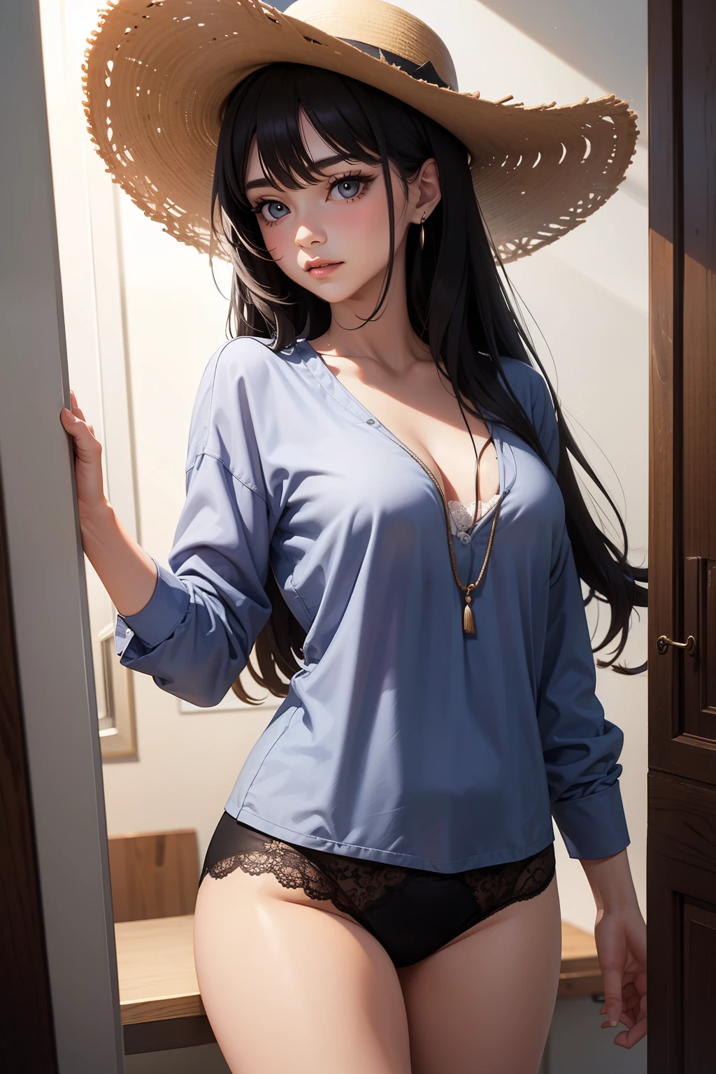 Very detailed background, masutepiece, Best Quality, 1girl in, Solo, ((masutepiece, Best Quality)),Best aesthetic,  eyeshadows, blue eyes, hair behind head, Smile, Long hair, Looking at Viewer, makeup, medium breasts, black hair, black eyeshadow, White shirt, naked lower body, torn, mid-chest torn shirt, no underwear, shirt covers 