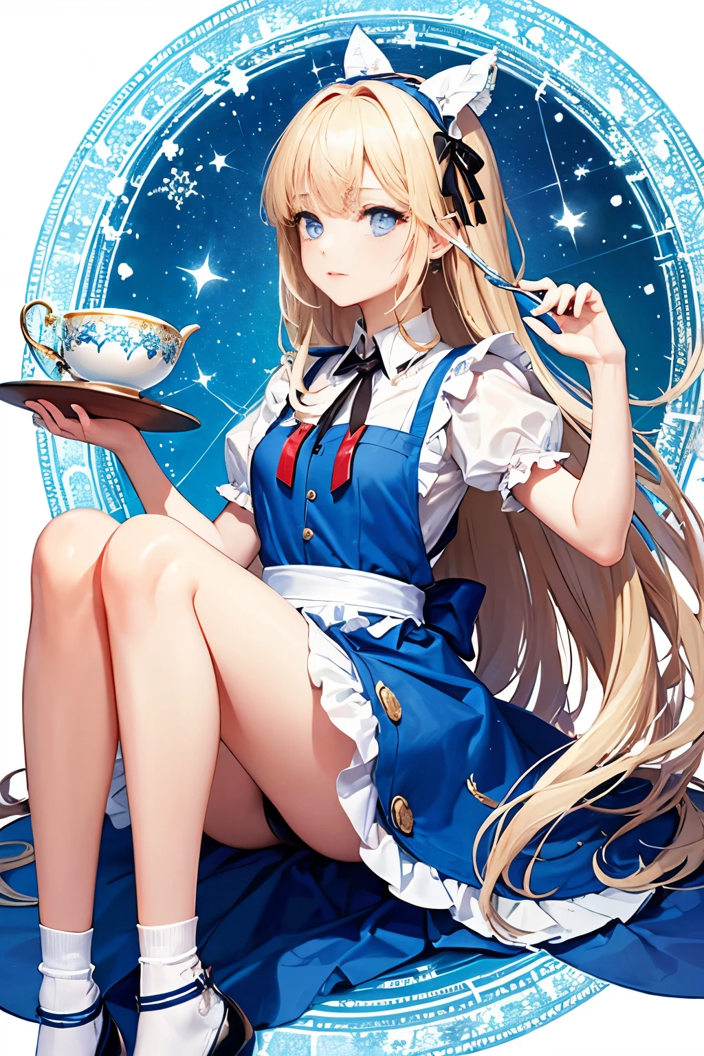 (masuter piece、top-quality、Mystical、Beautifully Aesthetic、offcial art、Impresionismo、von gogh:1.2)、(1 girl in:1.3)、(Fractal Art:1.4)、shinny skin、patterns、(alice in the wonderland:1.2)、(bunny rabbit、Siamese cat、PlayingCards、tea cup、pocket watch:0.8)、(Tie your hair with a ribbon、Blue Dress、a miniskirt、beauty legs、White Apron、white sock、platinum-blonde、Blue eyes)、Exotic wallpapers、highly colorful、Abstract background、Fantastical