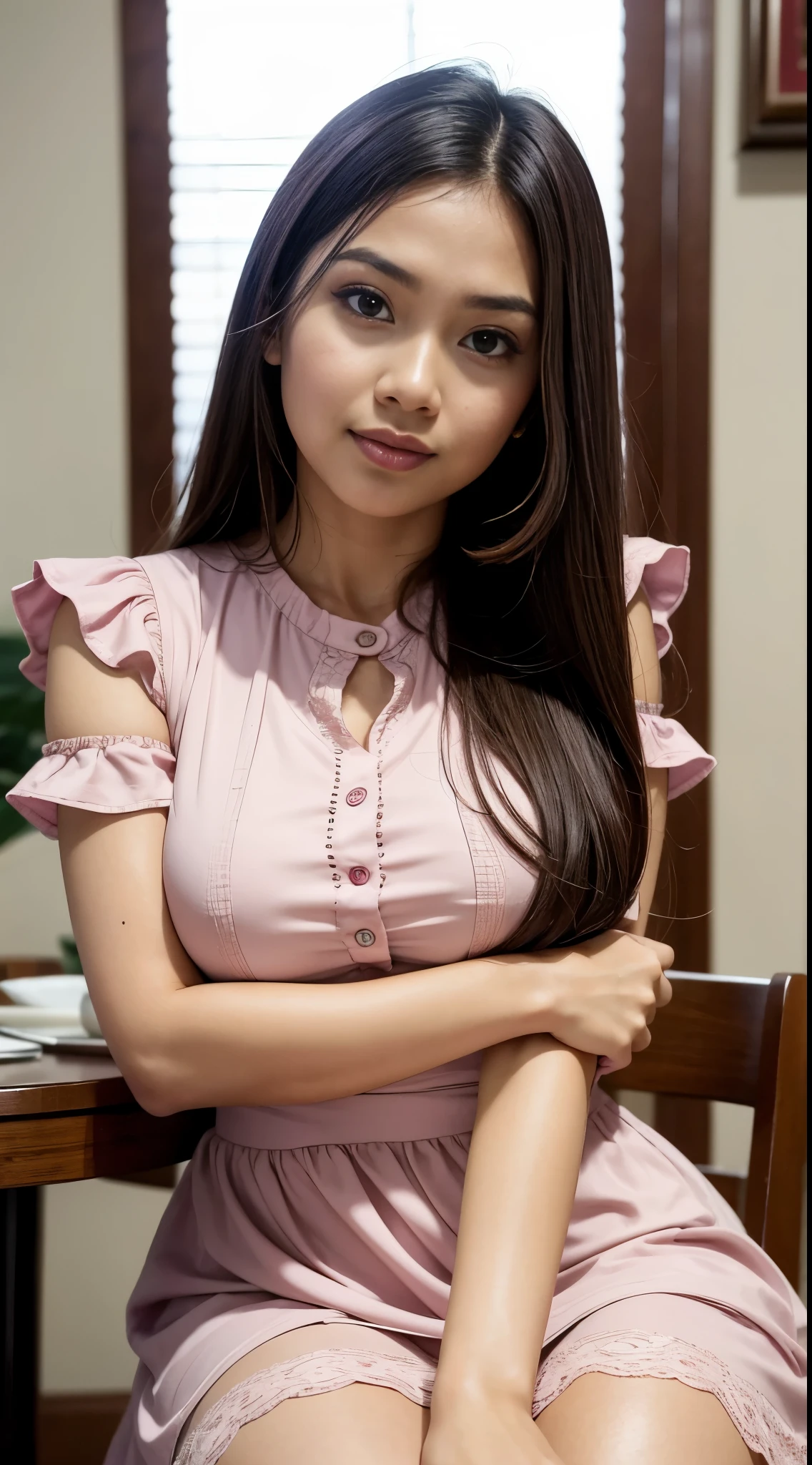 RAW, Best quality, high resolution, masterpiece: 1.3), beautiful Malay woman, Masterpiece, perfect fit body, big breasts, beautiful big eyes, long hair, brown hair, open stand, Soft smile, thick thighs, woman sitting in the cafe in (pink frilled dress:1.1) , she is about 2 0 years old, she is about 20 years old, pale skin Malay girl, smooth pink skin, beautiful woman, wearing a light purple dress, beautiful Malay woman, she is about 2 5 years old, she about 30 years old, he is about 3 0 years old