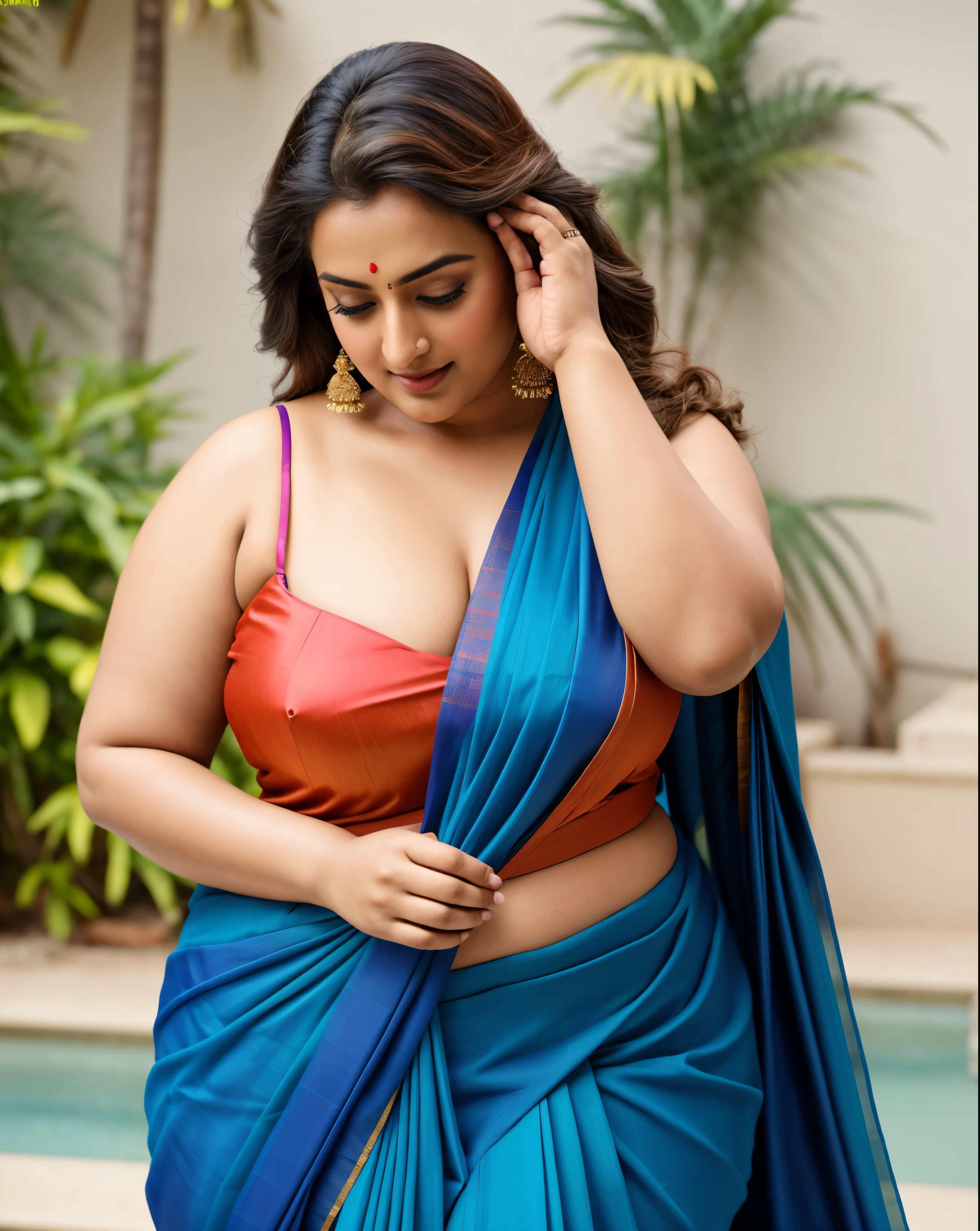Foto RAW, photorealistic, photography, full body shot, master shot, perfect eyes, goddess like beauty, perfect thick chubby mallu Desi aunty bhabhi, Wearing a Stanapatta, a chest-band.Saree model, model Photography, Indian saree shoot, Indian traditional wear advertising photography, traditional wear brand shoot, face of Indian actress Sonakshi Sinha, masterpiece, realistic, realism, incredible details,  pleasure, photorealism, detailed skin, skin pores, high contrast, photorealistic Artstation 8k HD digital art trend of high definition and detailed realistic skin texture, ultra detail, realistic skin texture, armature, best quality, ultra high definition, (photorealistic:1.4),, high resolution, detail, raw photo, Re sharp, by Lee Jefferies Nikon D850 Film Stock Photo 4 Kodak Portra 400 Camera F1.6 Lens Rich Color Ultra Real Realistic Realistic Textures Dramatic Lighting Unreal Engine Trending at Art Station Cinestill 800,(pele altamente detalhada: 1.2), 8k UHD, DSLR, soft-lighting, alta qualidade, grain of film, Fujifilm XT3,she didn't like to wear blouse or bra, she  happy to wear only saree, she hates blouse or bra, detailed hairy armpits,