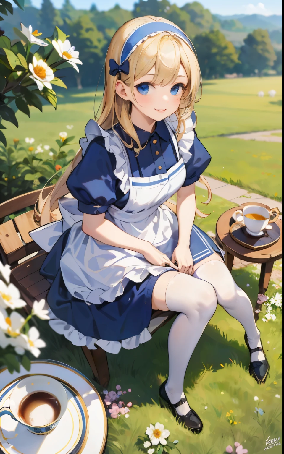 detailed, ultra-detailed, masterpiece, 8k wallpaper,(realistic:1.2),
1girl, thighhighs, blonde hair, solo, cup, sitting, flower, long hair, teacup, dress, blue eyes, white legwear, teapot, apron, hairband, tea, blue dress, shoes, short sleeves, saucer, puffy sleeves, white flower, from above, book, black footwear, puffy short sleeves, plate, bow, looking at viewer, smile,grass, flower, from above,