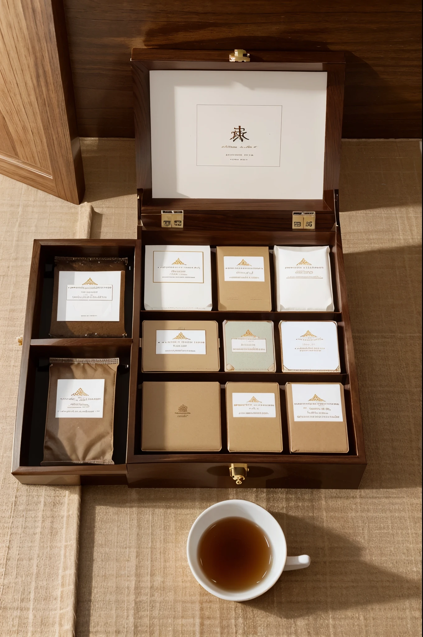 An exquisite plain gift box with a slight glossy effect on the outer surface. After opening the gift box, you can see that there are packages of small tea brewing bags inside. The tea brewing bags are neatly arranged in the gift box, showing a For an orderly and organized aesthetic, use a detailed divider or lining to ensure each tea bag retains its place