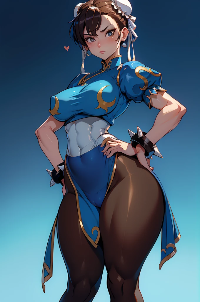 Chun-Li,linda jovem com uniforme azul classico, coxas grossas, belas coxas sexy,um pouco muscolosa, cabelo preso, brown tights, floresta,noite ceu estrelado, Standing alone.solo, roupa azul, saia azul, olhar serio, belos olhos, belo rosto bem detalhado, olhos e sobrancelhas detalhado, pose de vitoria