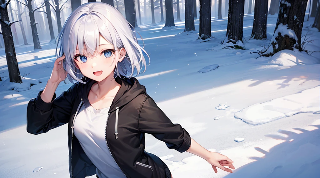 Ultra-high image quality,Look at viewers, hands behind back, girl with, 20 years old, Very short hair, long bangs between eyes, blue eyess,Black eyes, Hoodie, Skirt , Extremely detailed,(masterpiece、top-quality),White hair、A smile、Fantastical, Silver hair,, Hoodie, White hoodie,a black skirt,Hair is short,White jacket, Casual style,Open jacket, Cowboy Shot、Fluttering hair、a small face、Bright smile、(Detailed face) ,profetional lighting,fantastic landscape,Blue sky, Sunlight,look down from above,portraitures、open open mouth、facing front、fountain in the forest、flower field、5 fingers、Upper body only、snowscape